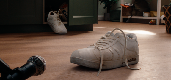 Kenny & Donna, a pair of white trainers on luxury vinyl flooring